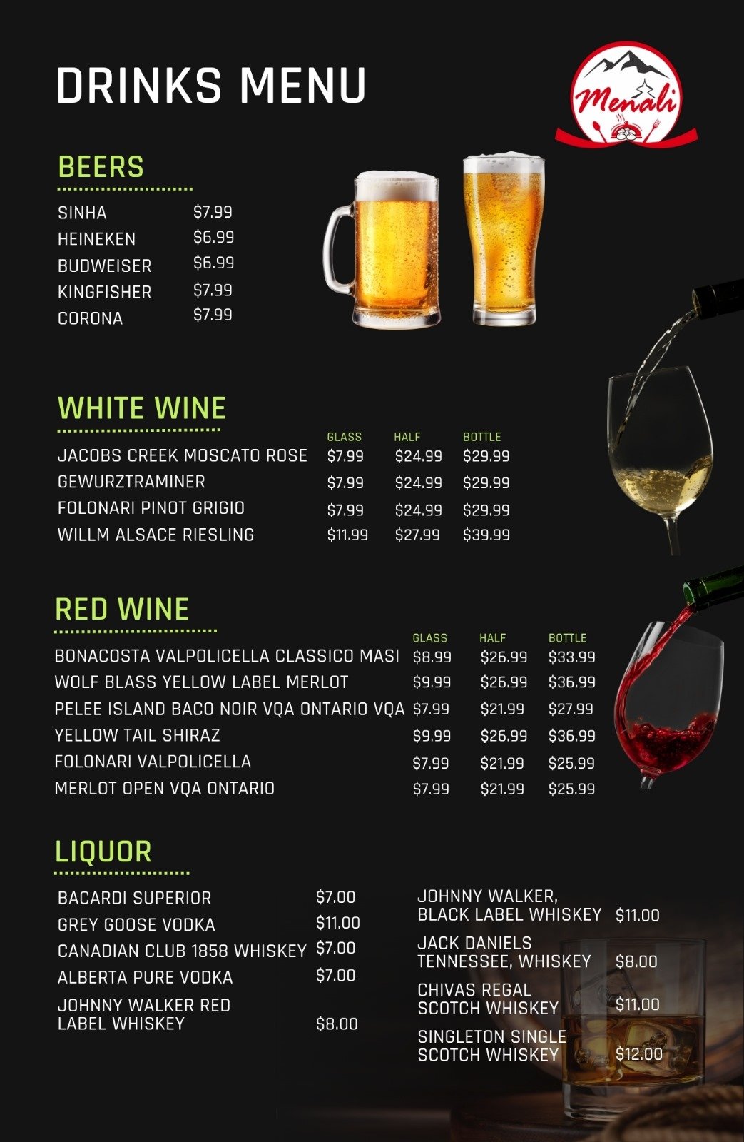 Menali Drinks Menu